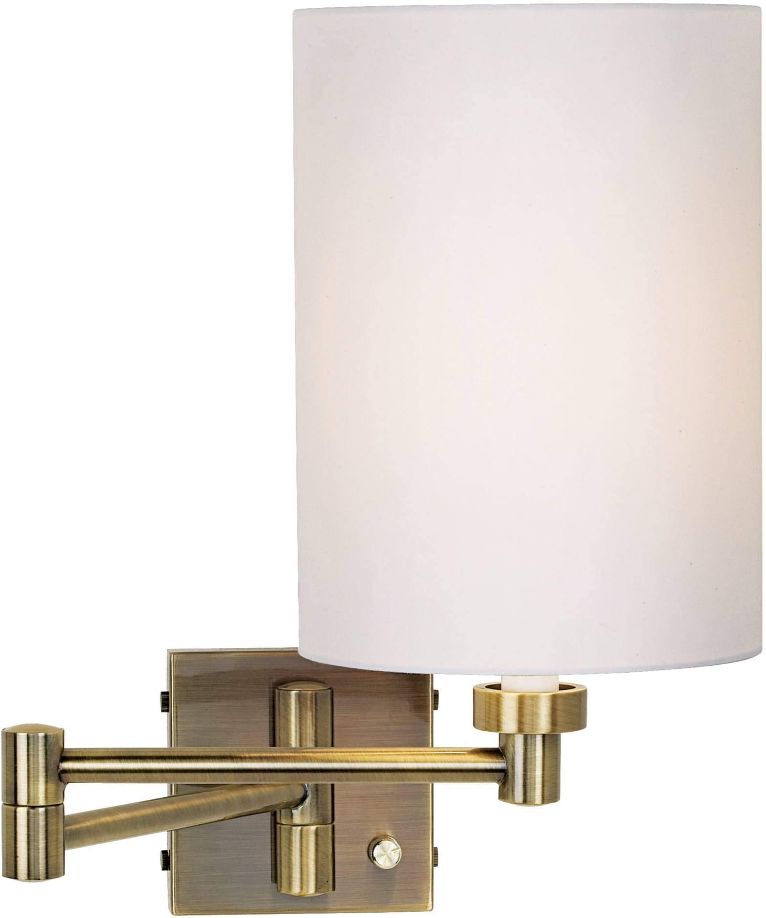 Modern Indoor Swing Arm Wall Lamp Dark Antique Brass Plug-in Light Fixture Dimmable White Cotton Cylinder Shade for Bedroom Bedside House Reading Living Room Home Hallway Dining