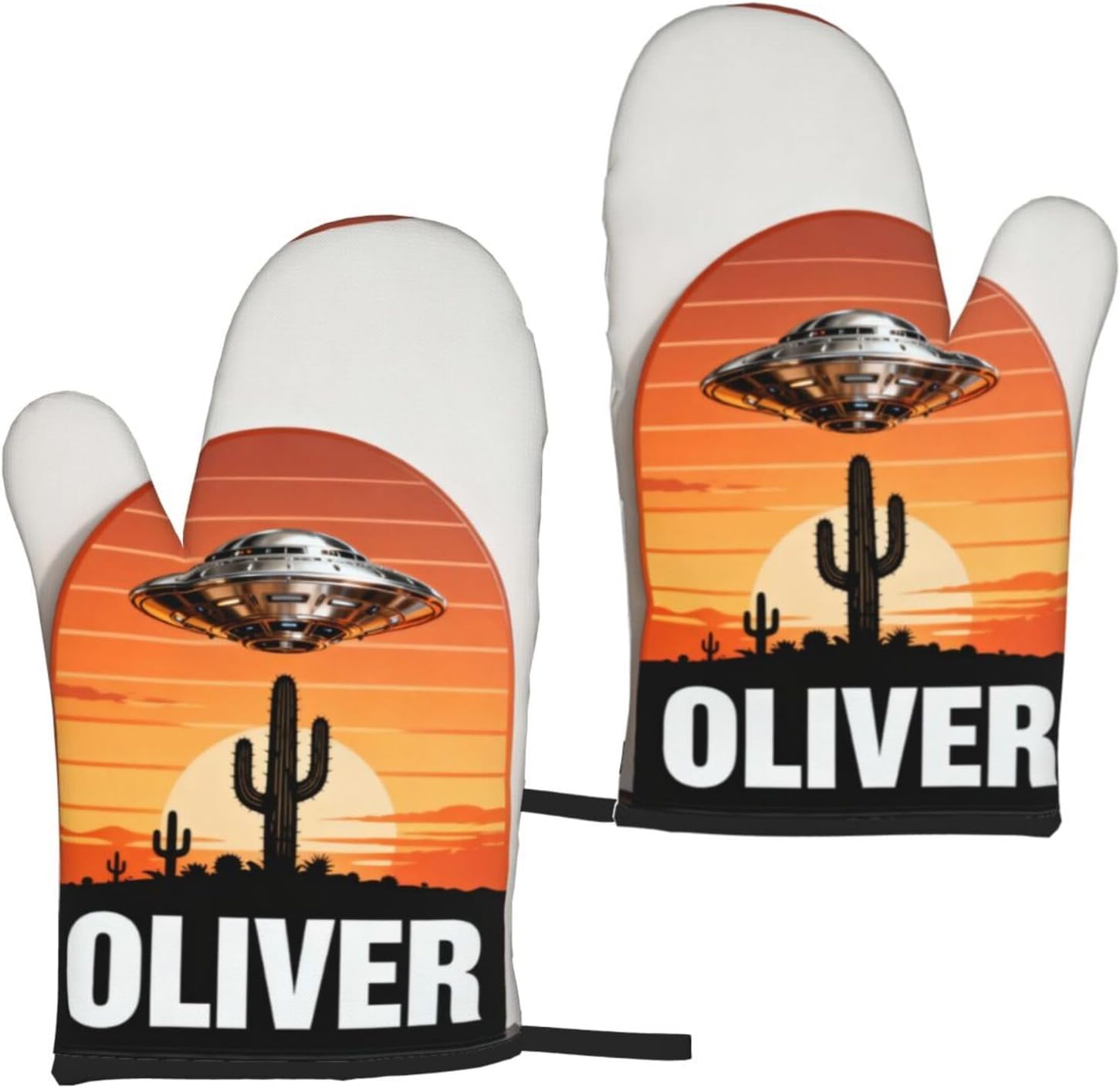 Personalized Oven Mitts with Name, Custom Retro UFO Alien Abduction Style Heat Resistant Kitchen Gloves, Vintage Desert Cactus Sunset Design, Unique Sci-Fi Gift for Men Women - 1 Pair
