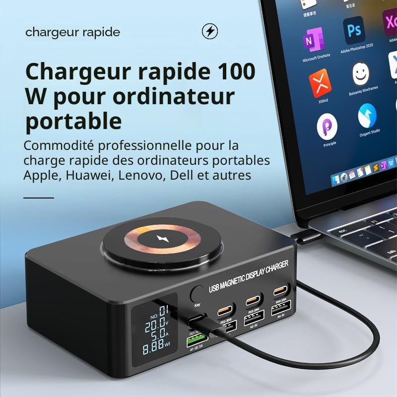 Chargeur intelligent multifonctionnel de l'affichage magnétique 140W, 8+1 port USB C avec 100W PD, QC3.0, chargeur sans fil magnétique, Écran LCD