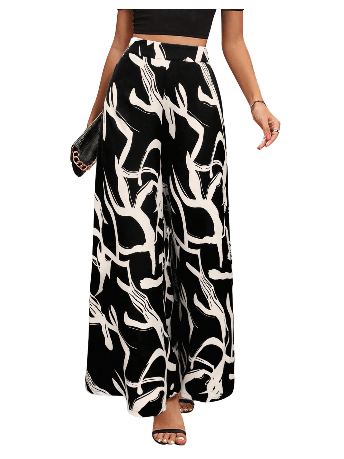 MakeMeChic Womens Business Fall Graphic Print Pants Elastic Waisted Wide Leg Trousers