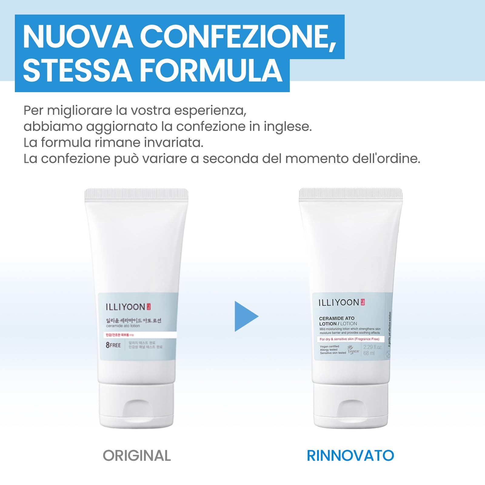 ILLIYOON Ceramide Ato Lotion 68ml, Rafforzamento barriera cutanea con Ceramide di Soia, idratante per pelli secche e sensibili, Vegan, Senza Profumo