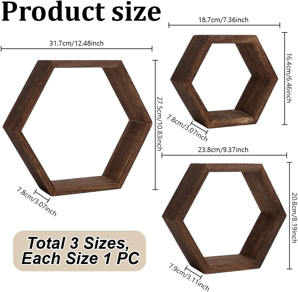 PH PandaHall 3pcs Hexagon Floating Shelves Wood Honeycomb Wall Shelves Brown Modern Decorative Shlef Hexagon Wall Shelf for Bathroom Kitchen Living Room Office Christmas Home Decoration