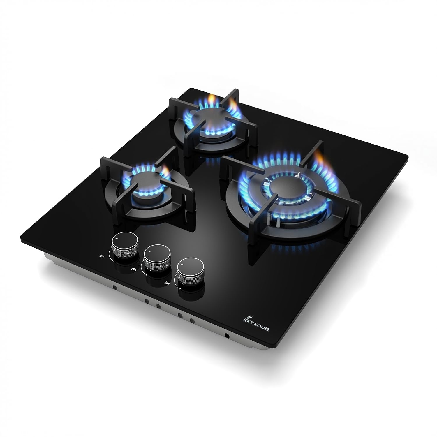 KKT KOLBE G453G Plaque de cuisson à gaz 45 cm, autonome, 6,2 kW, 3 feux, réglable en continu, zone wok, sans cadre, commande à bascule, support de casserole en fonte, verre, gaz propane, gaz naturel