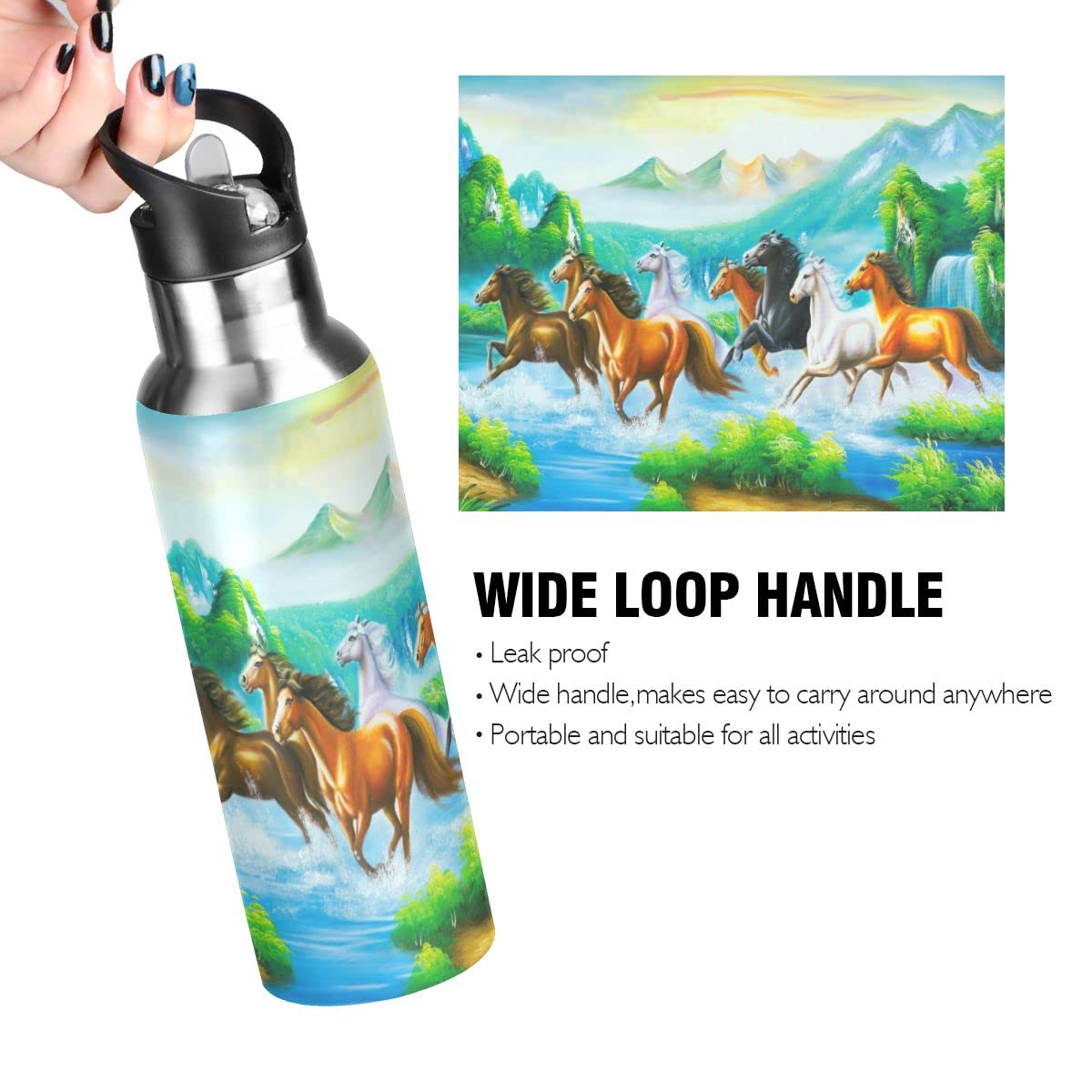 Edelstahl Wasserflasche mit Strohhalm, Pferdemalerei Isolierte Trinkflasche Sport Wasserflasche für Kinder Erwachsene, auslaufsicher, 1L