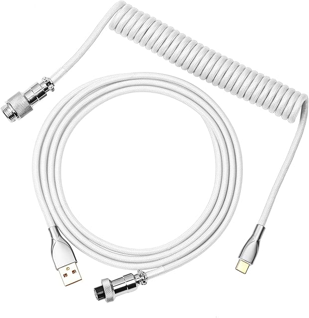 EPOMAKER MIX Type C Coiled Cable 1.8m, Type-C To USB A, TPU Mechanical Keyboard Cable with Detachable Aviator Connector for Gaming Keyboard (White)