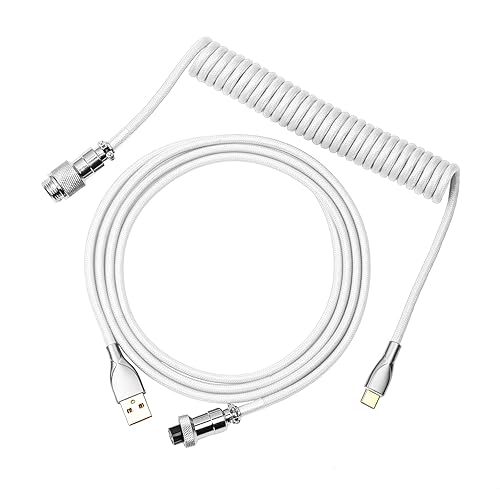 EPOMAKER Cable USB tipo C de 1,8 m, tipo C a USB A, TPU, cable mecánico en espiral con conector de aviador extraíble para teclado gaming, color blanco - Blanco