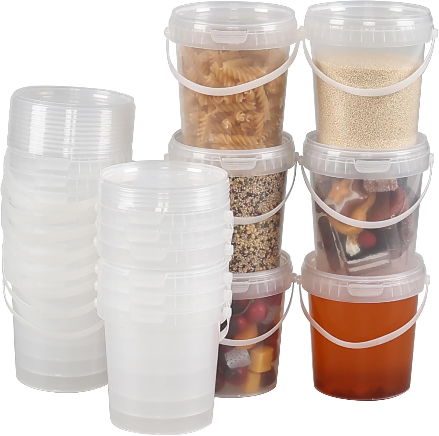 20 PCS Plastic Ice Cream Tub with Lid, 27 Oz Small Clear Drink Bucket with Handle