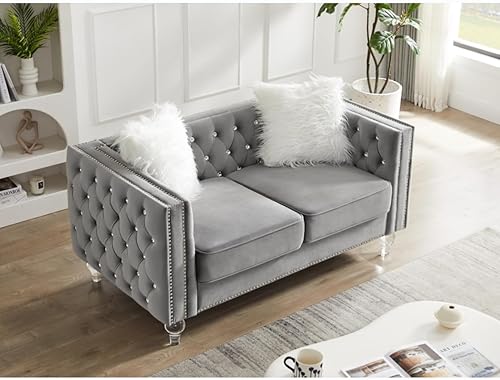 Miniatura 84 de i-POOK Sofá Chesterfield de terciopelo de 83 pulgadas de ancho con 3 asientos, 2 almohadas de felpa, patas de cristal y brazos recortados con cabeza
