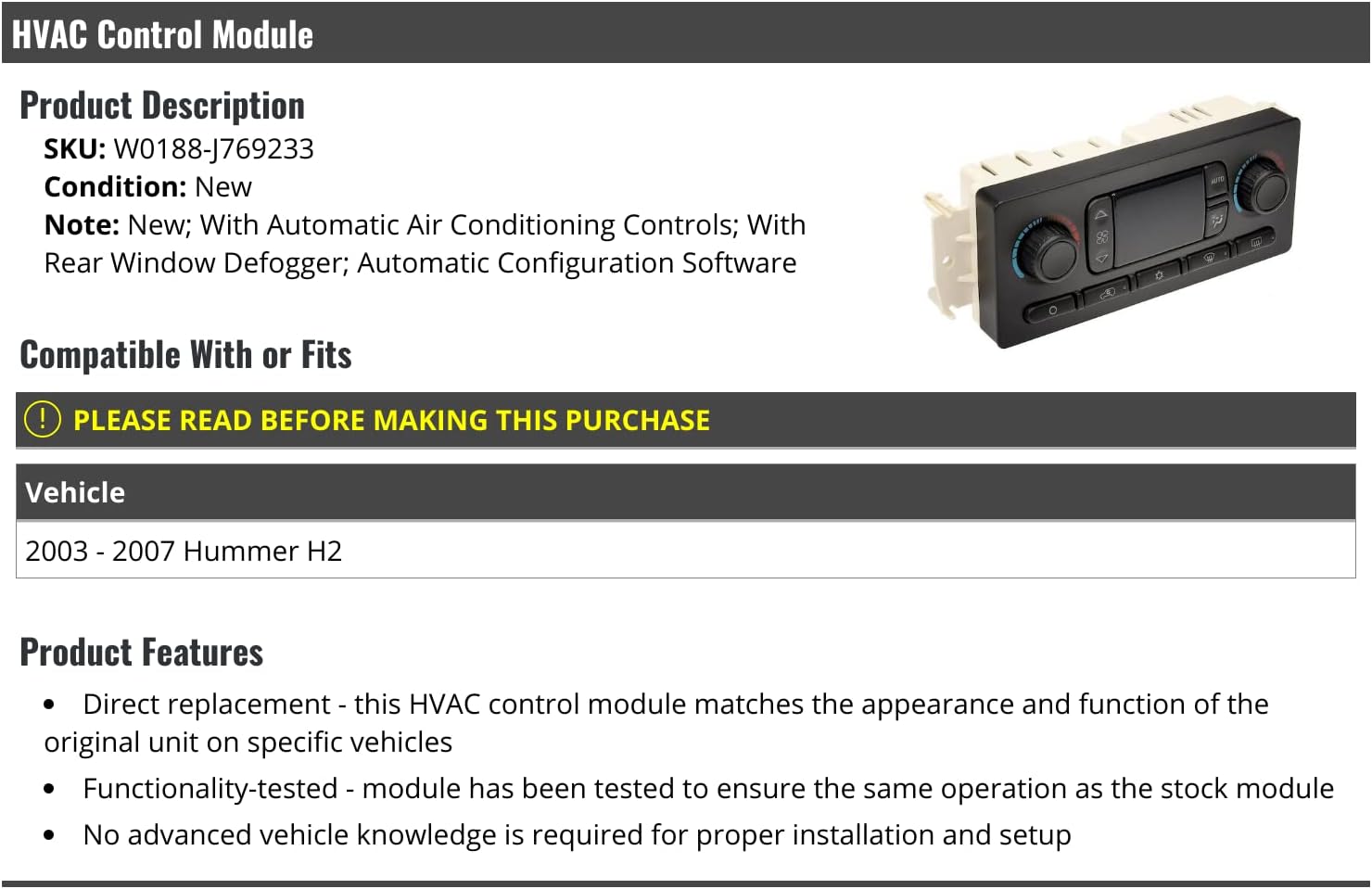 Marketplace Auto Parts HVAC Control Module - Compatible with 2003-2007 Hummer H2 (with Automatic Air Conditioning Controls and Rear Window Defogger)