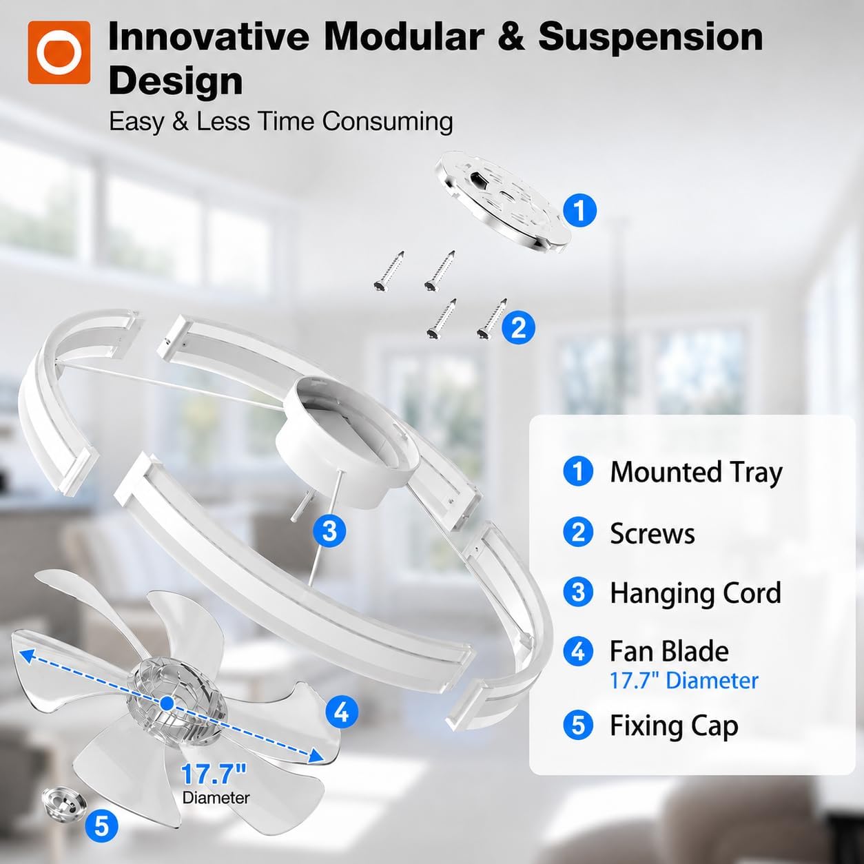 Exploded view diagram of the addlon ceiling fan components, showing the mounted tray, screws, hanging cord, fan blade, and fixing cap.