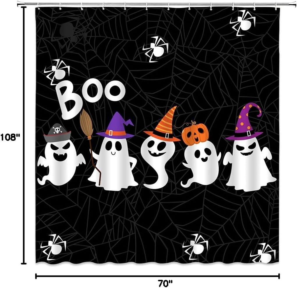 Halloween Shower Curtain Black White Spooky Ghost Witchy Spider Funny Cartoon Halloween Holiday 108" Wx70 H Bathroom Decor Curtain with Hooks