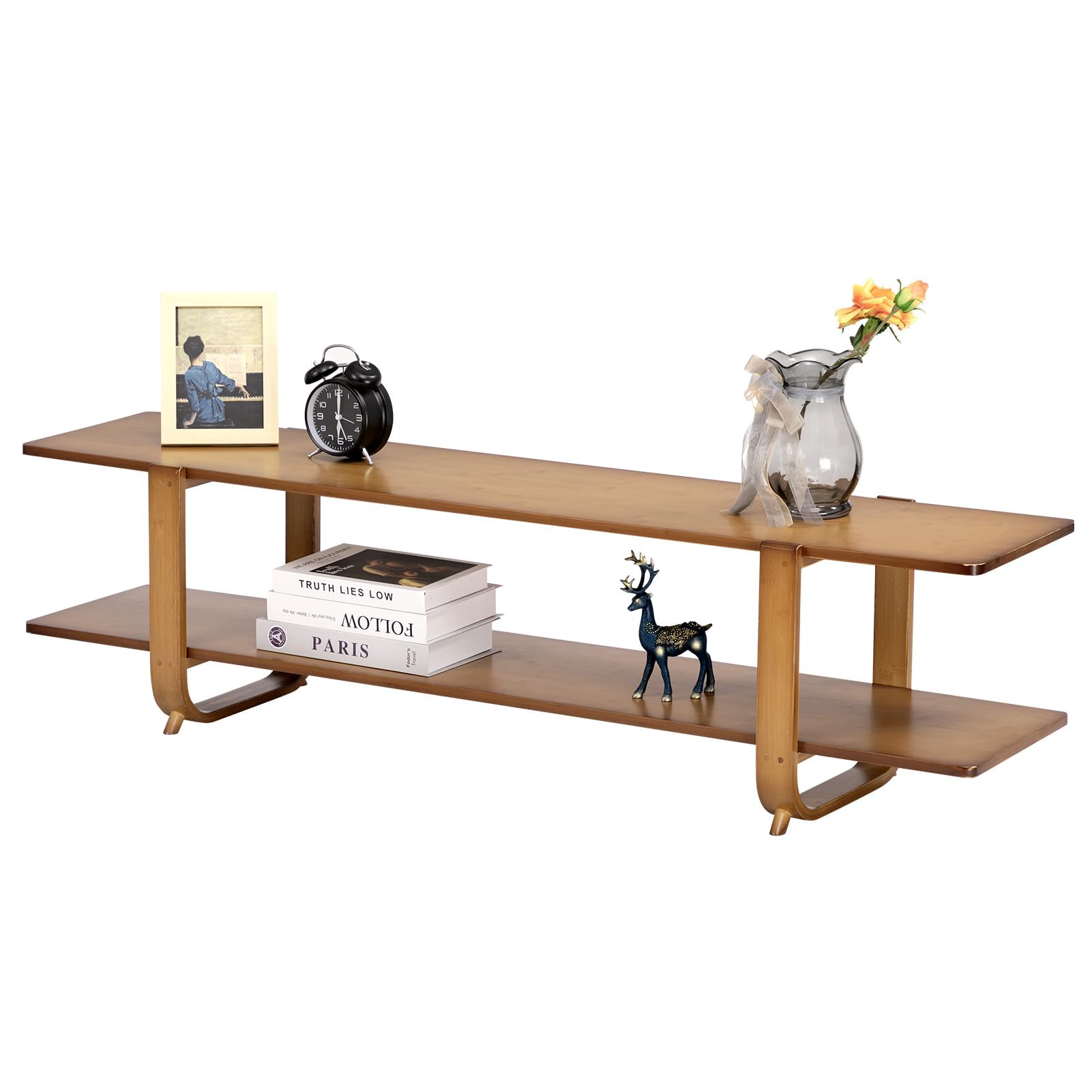 HollyHOME Mueble TV 140cm Mesa TV Salon Muebles de Salon 2 Niveles, Mueble TV Bambú Soporte para Centro de Entretenimiento, Natural-B