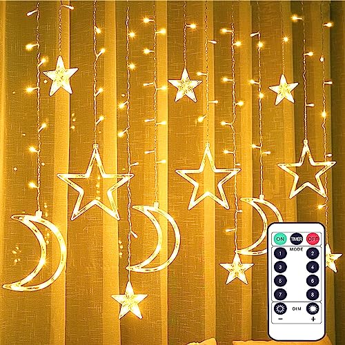 Melofo Led Curtain String Star Moon Light, 3.5m Star Curtain Lights Battery Operated, LED Window Lights with 8 Flashing Modes for Christmas, Halloween, Wedding, Party, Home, Terrace(Warm White)