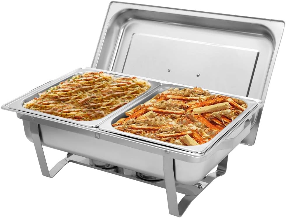 ROVSUN 8 Quart Chafing Dish Buffet Set,Stainless Steel Catering Serve Chafer,Restaurant Food Warmer, Rectangular Buffet Stove with 2 Half Size Food Pans and Foldable Frame for Party (1 Pack) 1 Half Size Food Pan