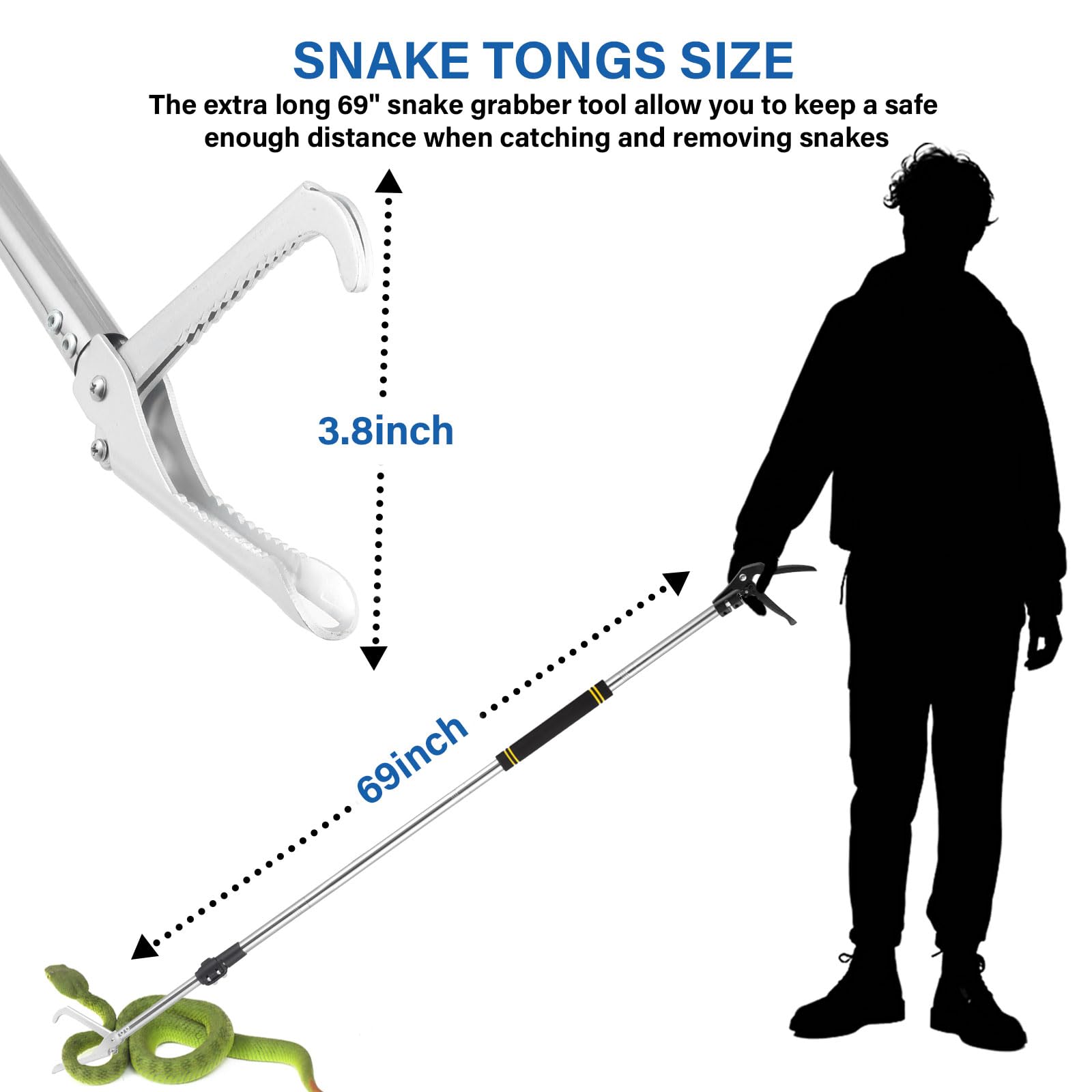 Schlangenzange, 175 cm, Schlangengreifer für Klapperschlange und Reptilienzange, Schlangenhaken, robust und aus Edelstahl, Rohrschwammgriff mit breiter Backe, Schwarz