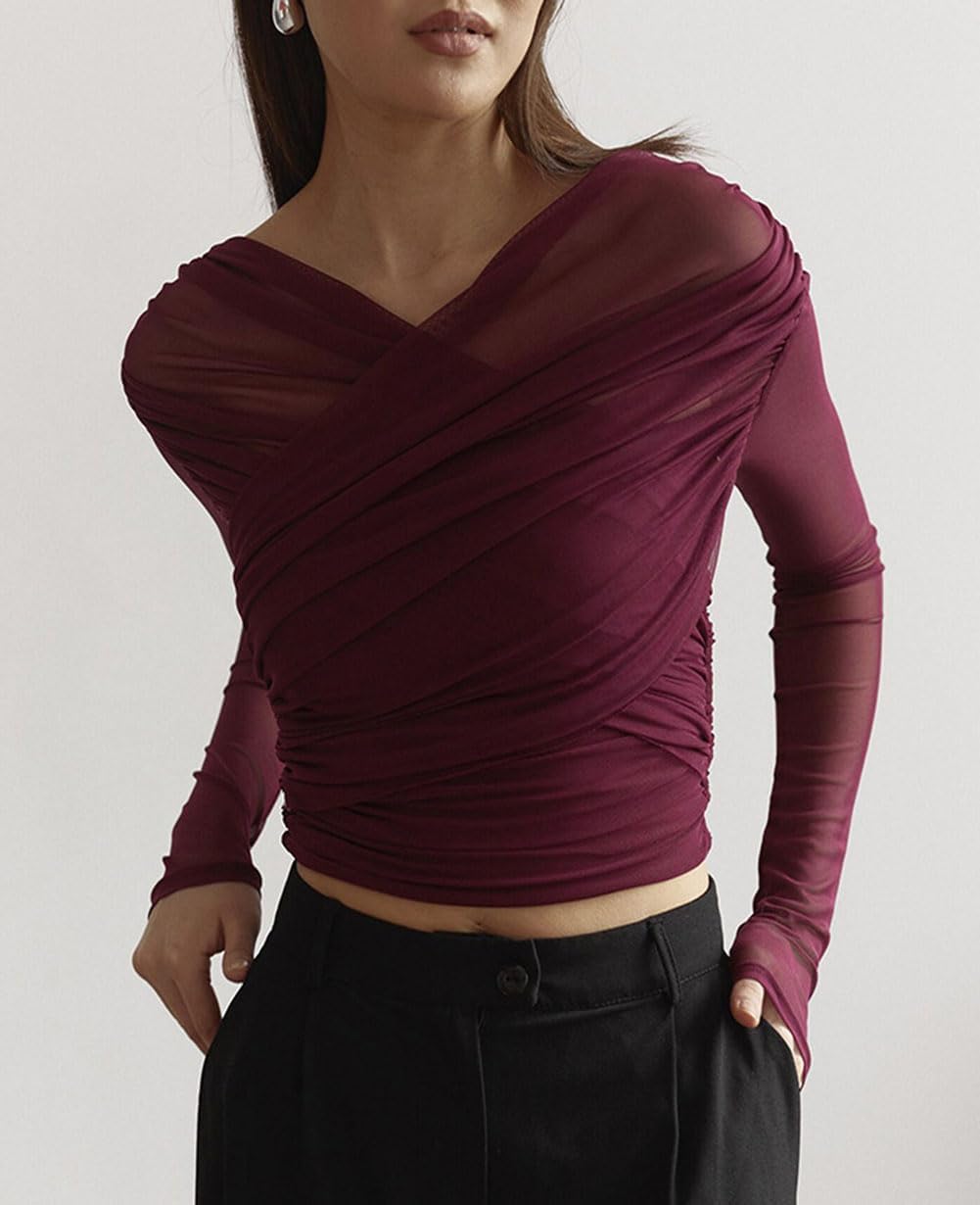 Women Mesh Ruched Crop Top Criss Cross V Neck T Shirt Long Sleeve See Through Blouse Pleated Sheer Y2k Slim Fit