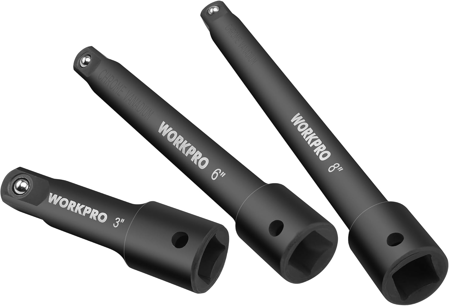 Product image of WORKPRO 1/2" Drive Impact Extension Bar Set, 3 PCS Socket Extensions, 3”, 6” and 8” Length, Premium Chrome Vanadium Steel with Black Phosphate Finish