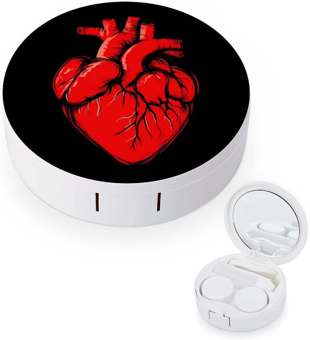 Anatomical Heart Spreading Contact Lens Case Box Holder Portable Eye Contacts Travel Kit with Mirror