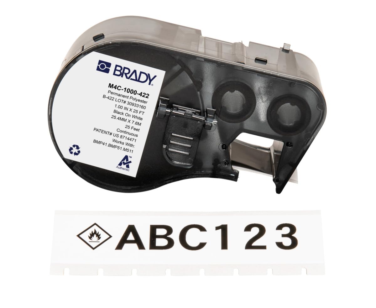 Brady Authentic (M4C-1000-422) Aggressive Adhesive Multi-Purpose Polyester Labels 1 in W x 25ft Black on White. for use with The BMP41, BMP51, and M511 Label Printers