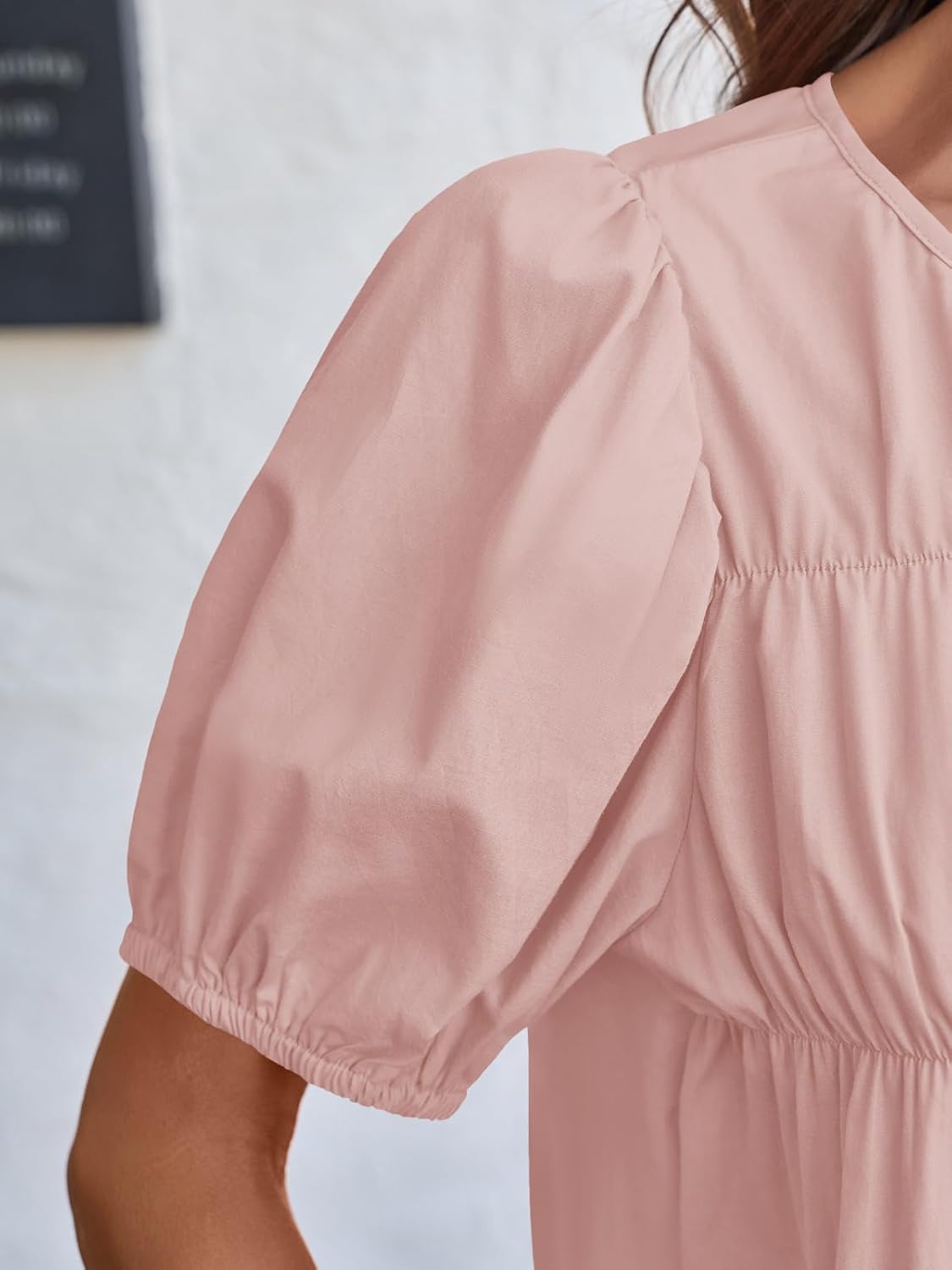 Tankaneo Womens Puff Sleeve Peplum Babydoll Tops Summer Smoked Pleated Cotton T-Shirts Casual Loose Fit Flowy Blouse - Image 2