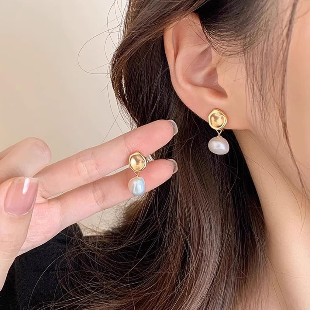 14K Gold Baroque Pearl Dangle Earrings for Women Trendy Vintage Plicated Pearl Stud Drop Earrings Minimalist Bead Earrings Wedding Jewelry Accessories - Image 3
