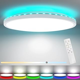Peasur 30CM LED Ceiling Light 3000-6500K, 24W 3200LM Bathroom Light Dimmable with Remote Control, RGB Color Changing Backl…