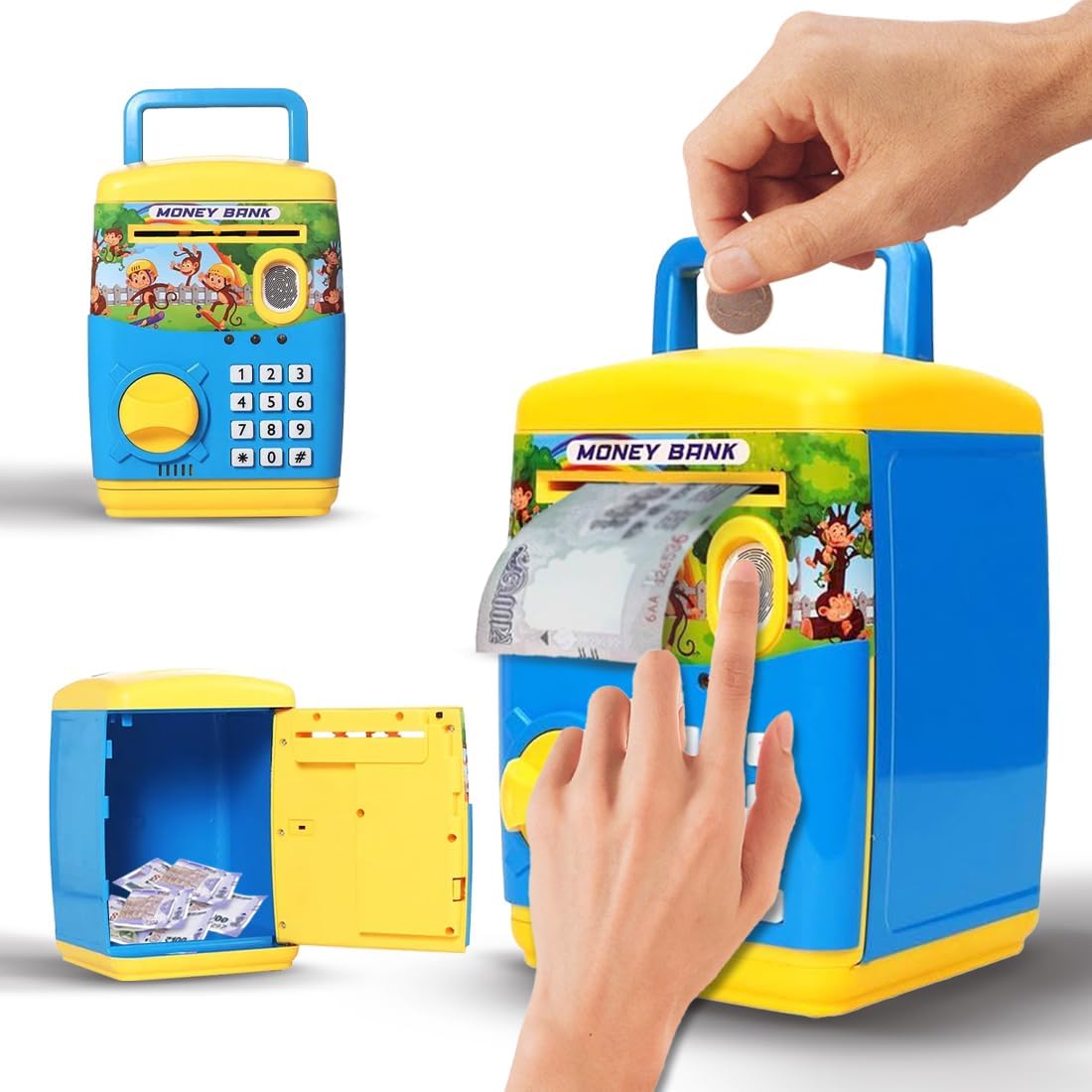 Wembley Finger Print Sensor ATM Piggy Bank for Kids Girl Boys Gullak for Money Bank with Password & Music Auto Scroll Money Saving Box with Coin Cash Slot Gifts for Kids - Blue