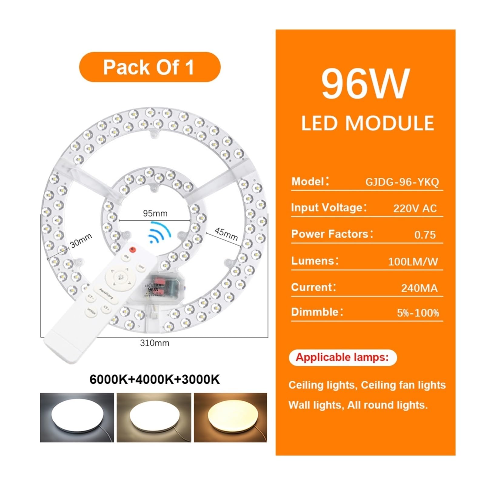 Lampa sufitowa Panel LED 220V ściemnialny moduł LED 96W zamienny panel świetlny LED tablica okrągły moduł lampy do wentylatorów sufitowych (Color : 96W Tricolor 1Pcs)