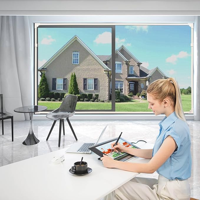 Image of DIY Adjustable Size Magnetic Screen Door Kit (White Frame + Gray Fiber Mesh) Easy and Quick Installation 59.1 x 51.2 inches (150 x 130 cm)
