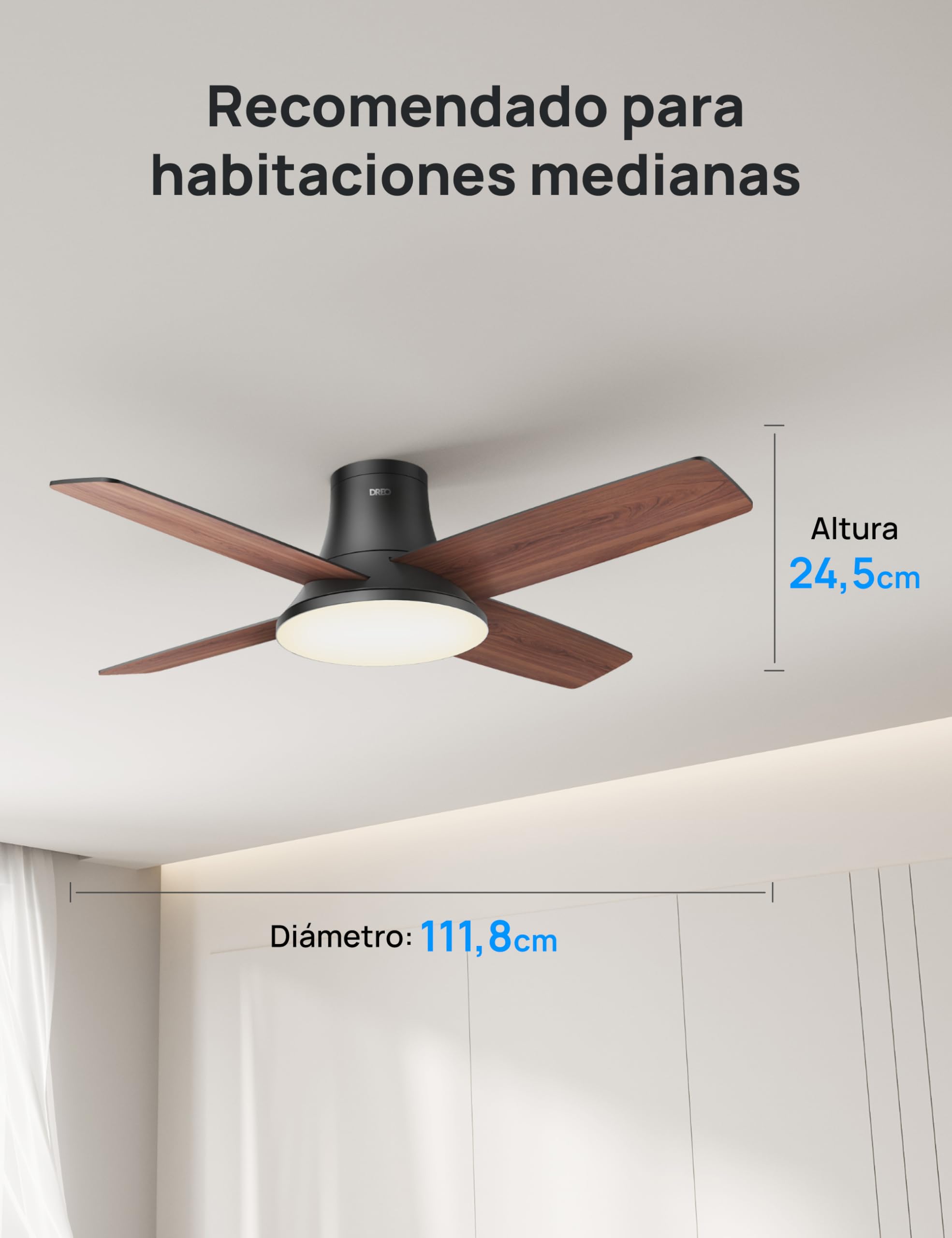 Dreo ventilador de techo con luz, 12 velocidades(APP), 3 modos, motor CC silencioso, instalación fácil, LED regulable, mando a distancia y temporizador 12 h, ventilador de techo negro para hogar