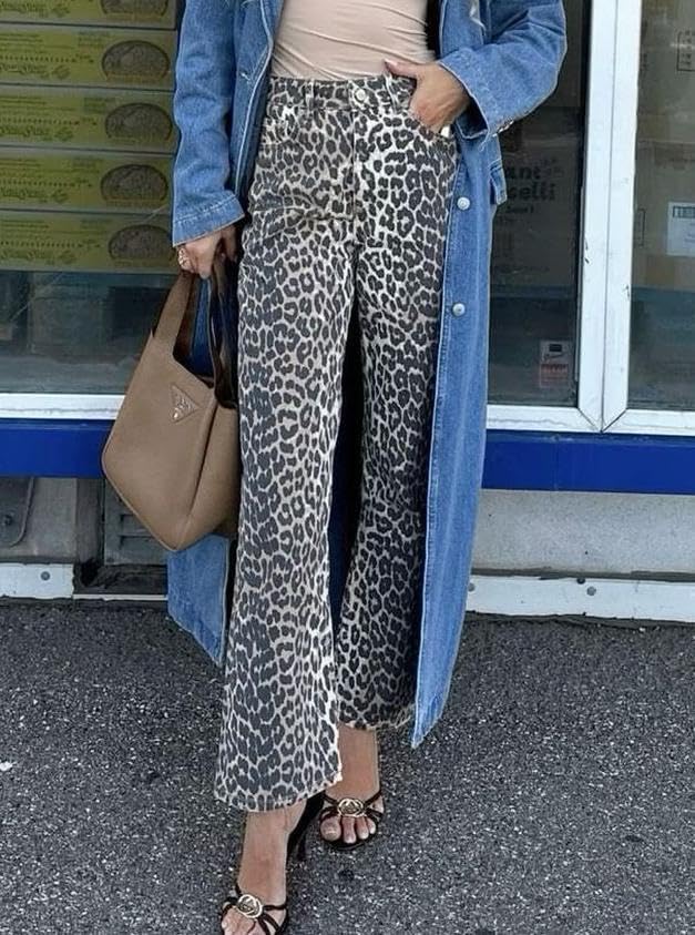 Women's Leopard Bell Bottom Jeans Cropped High Rise Stretchy Cheetah Print Demin Pants - Image 5