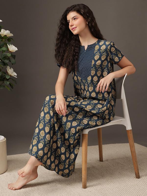 Image of Clovia Women's Rayon Long Nighty in Navy Blue