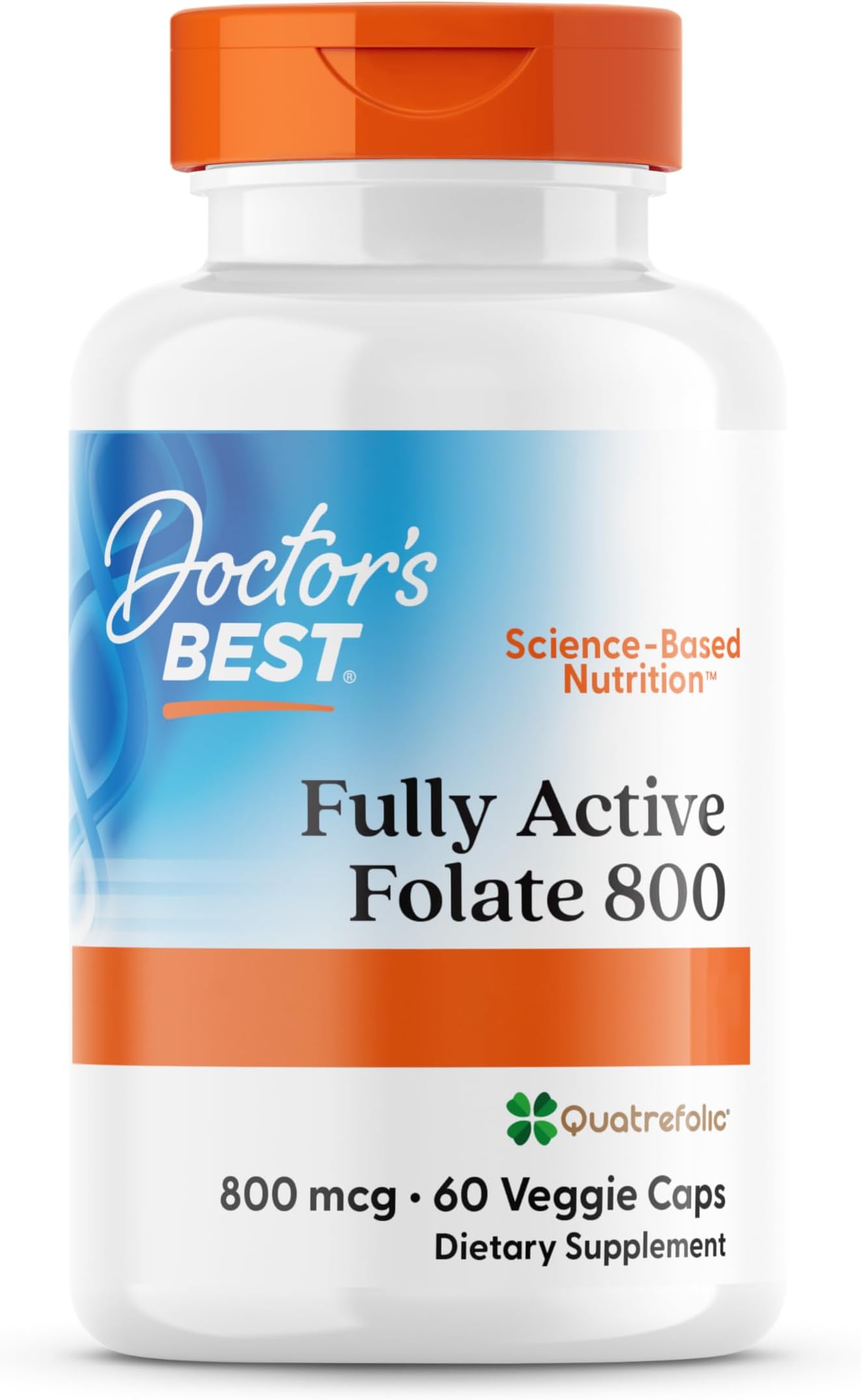 Doctor's Best, Fully Active Folate with Quatrefolic (Folic Acid), 800 mcg, 60 Vegan Capsules, Laboratory Tested, Gluten Free, Soy Free, Vegetarian, GMO Free
