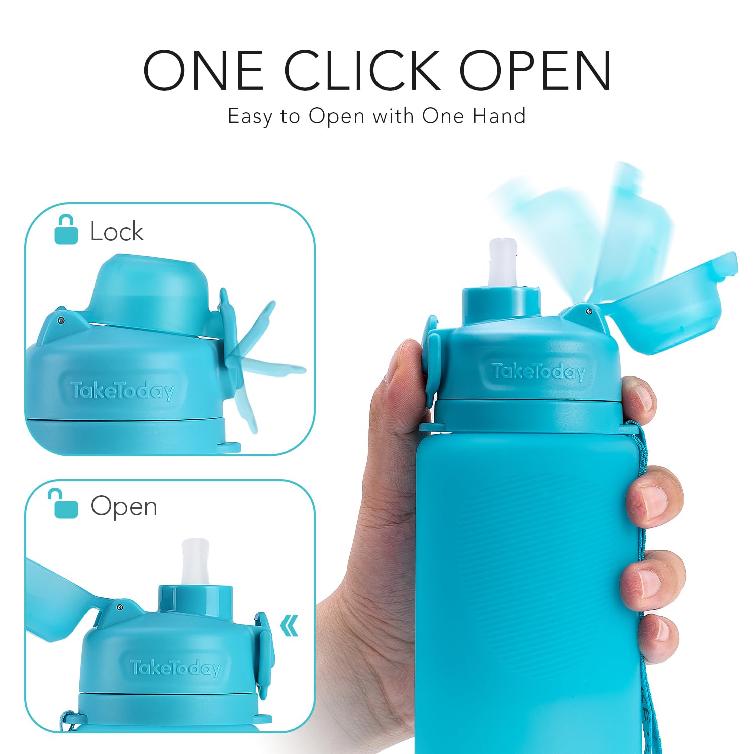 TakeToday Faltbare Reise-Wasserflasche mit Strohhalm, BPA-frei, Silikon, auslaufsicher, für Wandern, internationale Reisen, Outdoor, 900 ml, Blau