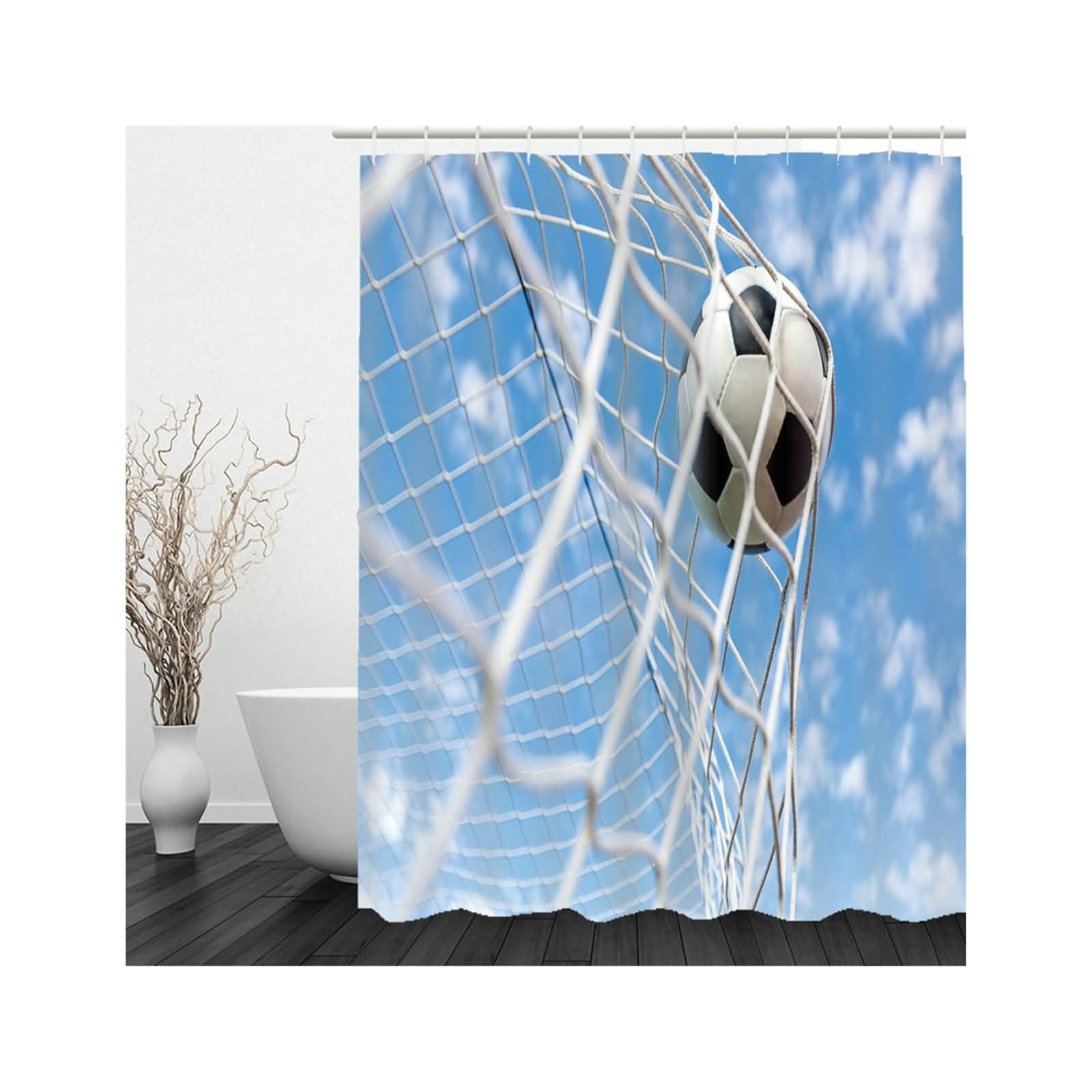Rideau Douche Classe Baignoire Oriental Football Kit sans Percage Rideaux Fenêtres Salle Bain Noir Blanc Bleu Polyester Haute Densité, Revêtement Imperméable 220x180cm