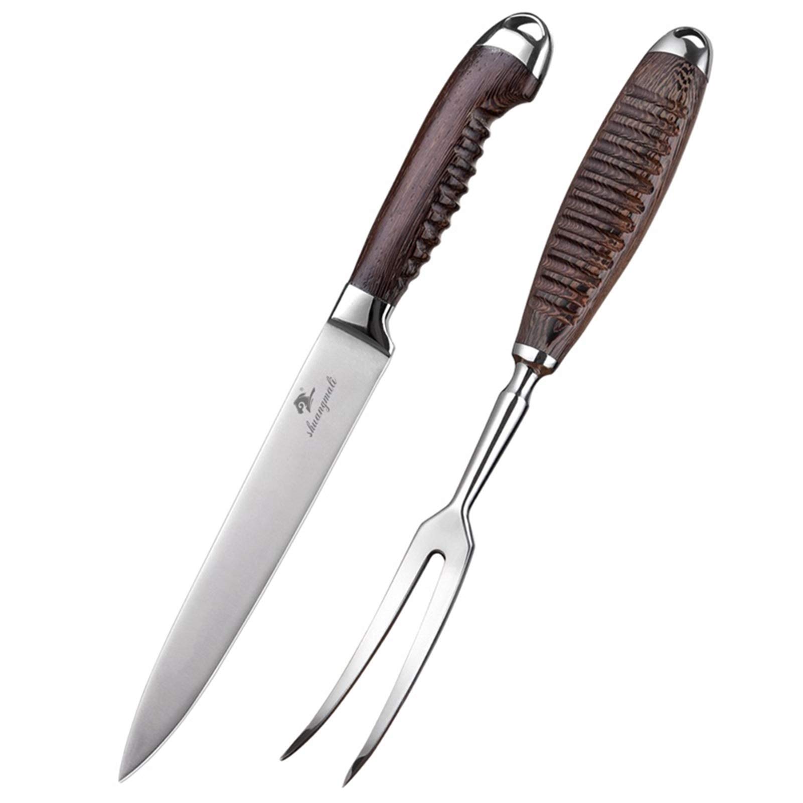 2 PCS Talla Tenedor y cuchillo 5CR15MOV Talla de acero inoxidable Tenedor for carne Barbacoa Tenedor Cuchillo Conjunto con cuchillo de cocina de mango de wenge (Color : Barbecue Fork Knife)