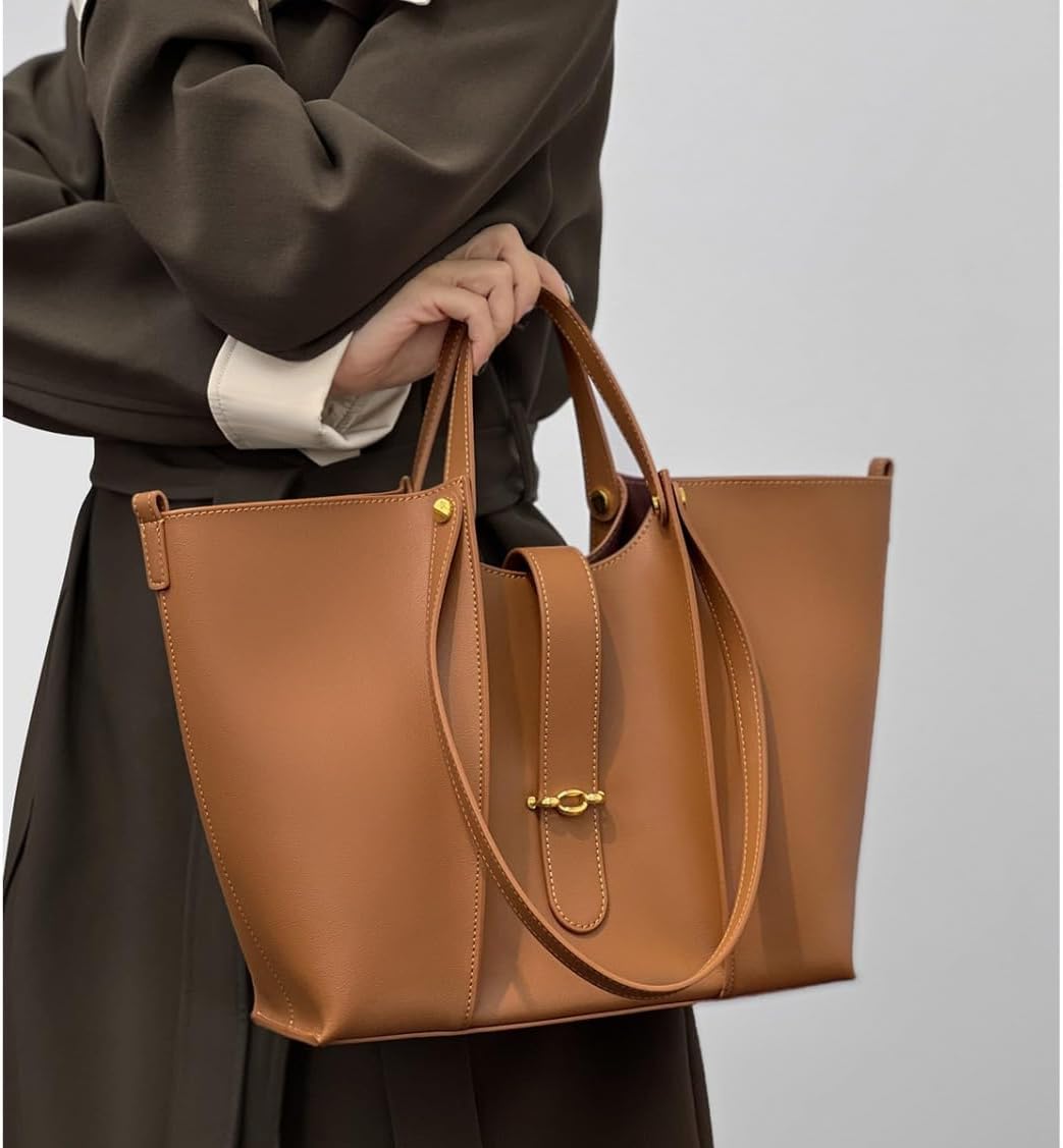Fashionable vegan leather tote bag, lock design handbag, multi-functional large-capacity commuter bag, single-shoulder bag
