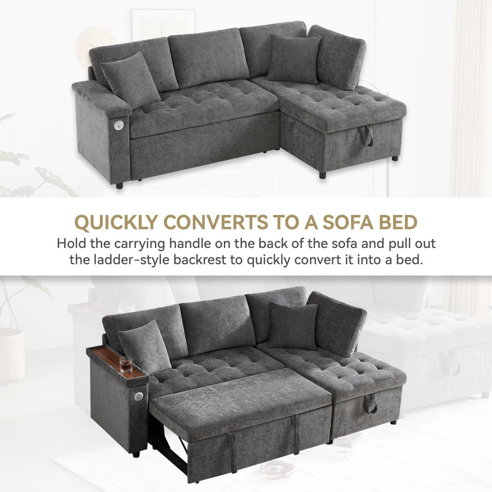 Sapgaks Sofá de esquina convertible en L con USB, sofá cama con función de almacenamiento, sofá convertible de 3 plazas, sofá de 3 plazas para salón de tela relajante, equipado con espacio de