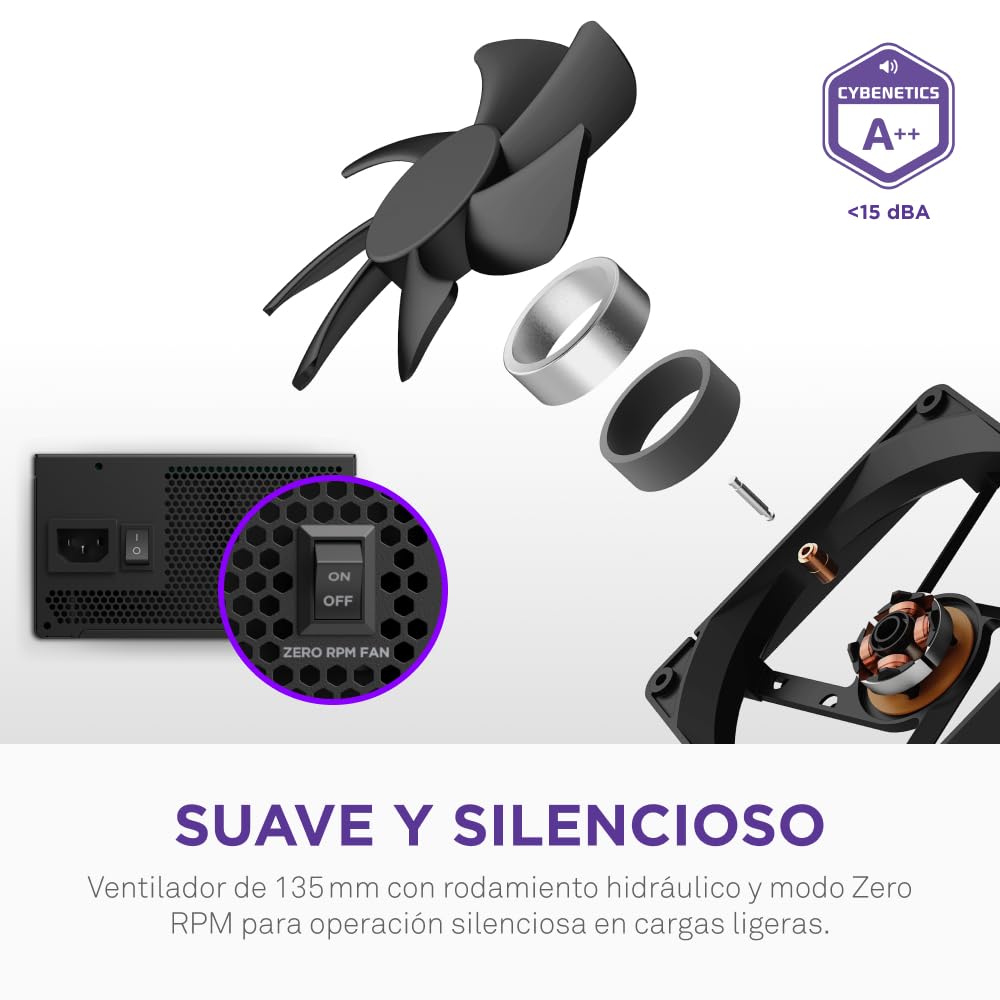 NZXT C850 Gold Core – Fuente ATX 3.1 850W – 80 Plus Gold – Cybenetics Platinum – Totalmente Modular – PCIe 5.1 600W 12V-2x6 – Ventilador 0 RPM – Condensadores 105 °C – Negro