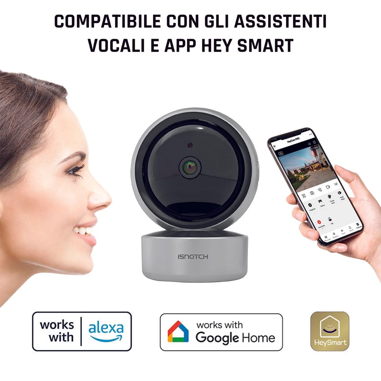 HeyCam Pro telecamera wi-fi interno motorizzata 2k 3mp, smart ip camera con motion tracking, visione notturna infrarossi, audio bidirezionale, compatibile con Alexa, Google Home e Onvif