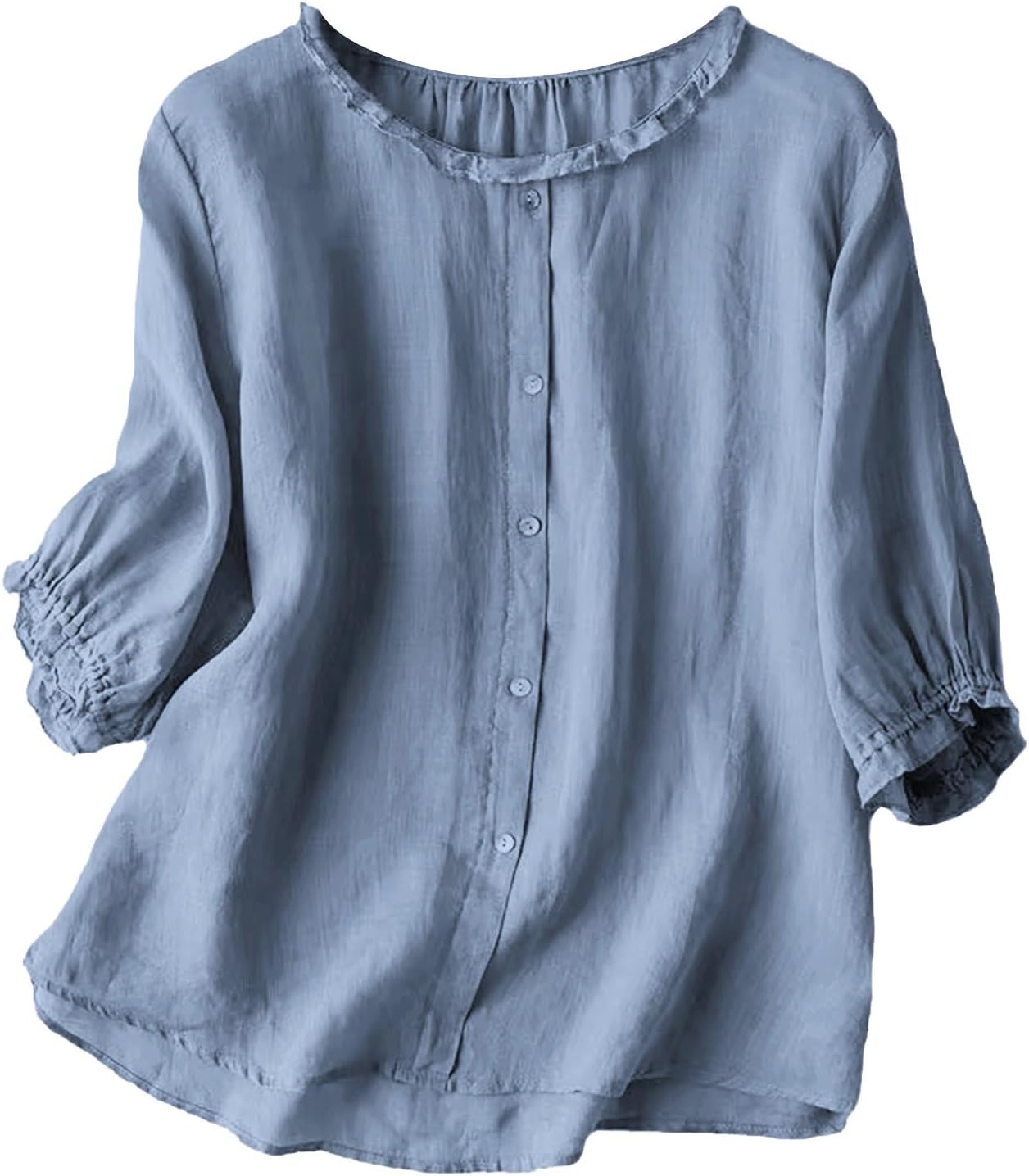 Women's 3/4 Sleeve Cotton Linen Button Ruffled Shirts 2025 Summer Loose Stand Collar Casual Boho Tops