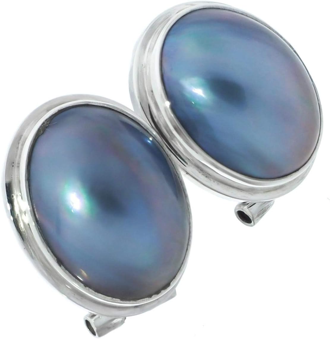 Oval Blue Mabe Cultured Pearl 925 Sterling Silver Omega Stud Earrings, 9/16"
