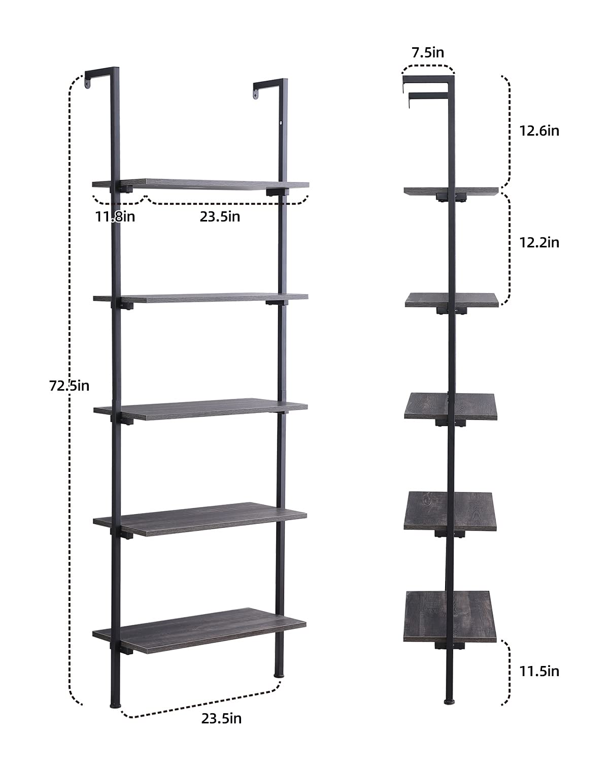 Ladder Shelf, Ohuhu 5 Tier Industrial Open Bookshelf, Wood Wall Mount Bookcase with Metal Frame, 72 Inches Storage Shelves Plant Flower Stand, Utensil Storage for Office Livingroom Bedroom Kitchen
