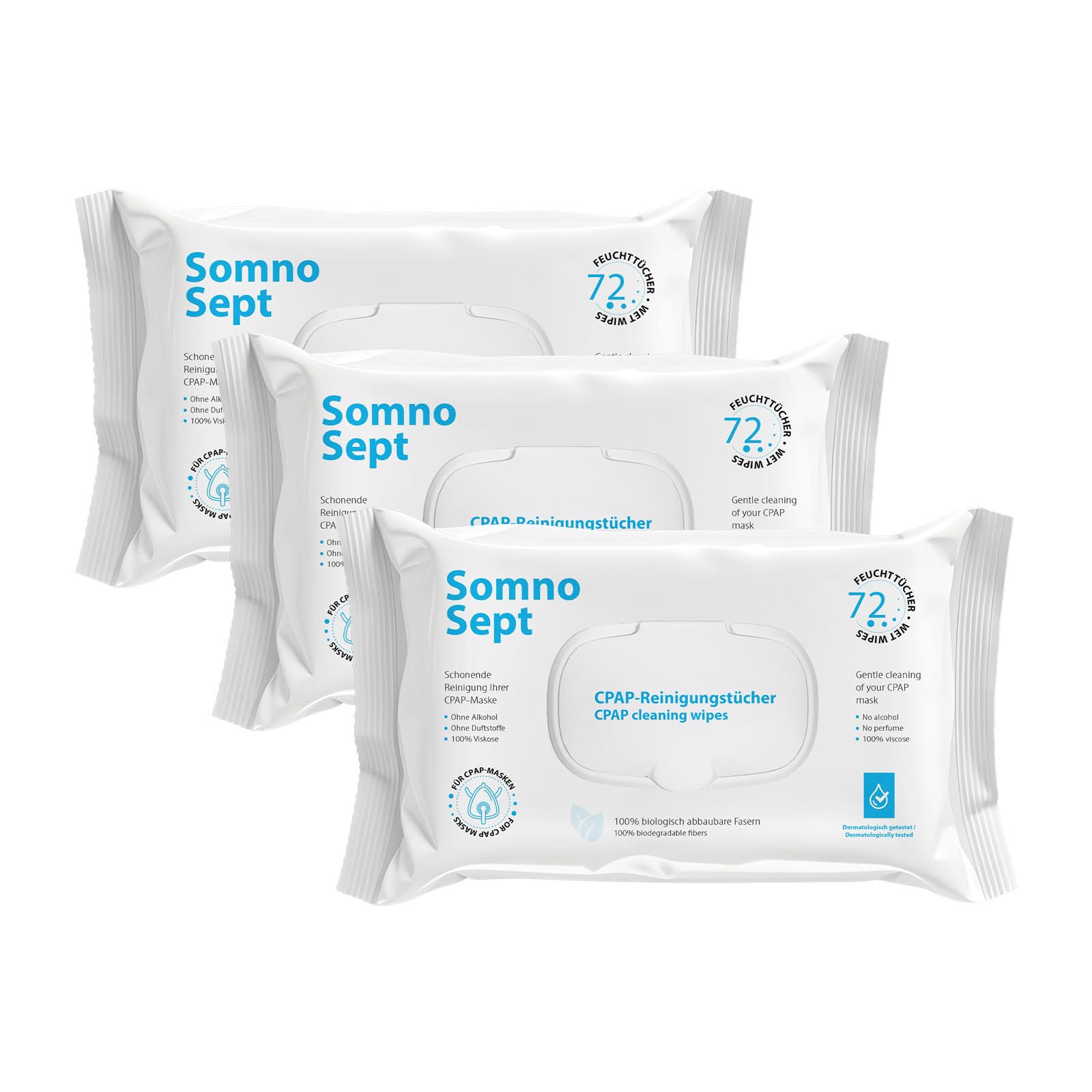 Lot de 3 paquets de 72 lingettes nettoyantes CPAP - Nettoyage rapide du masque CPAP - Pour un bon maintien du masque - Lingettes douces en 100 % viscose - Inodore - Testées