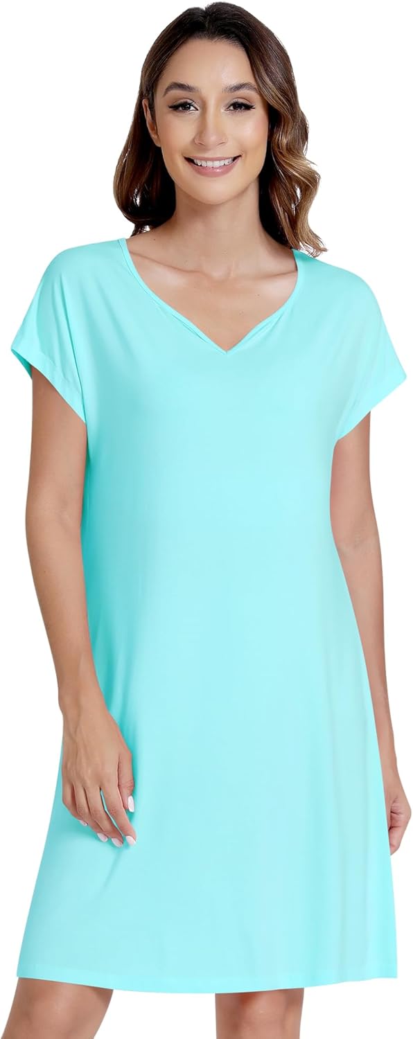 NACHILA Women's Nightgowns-Viscose Made from Bamboo,Short Sleeve Nightshirt Henley Sleepdress Soft Sleepshirt Cool Sleepwear
