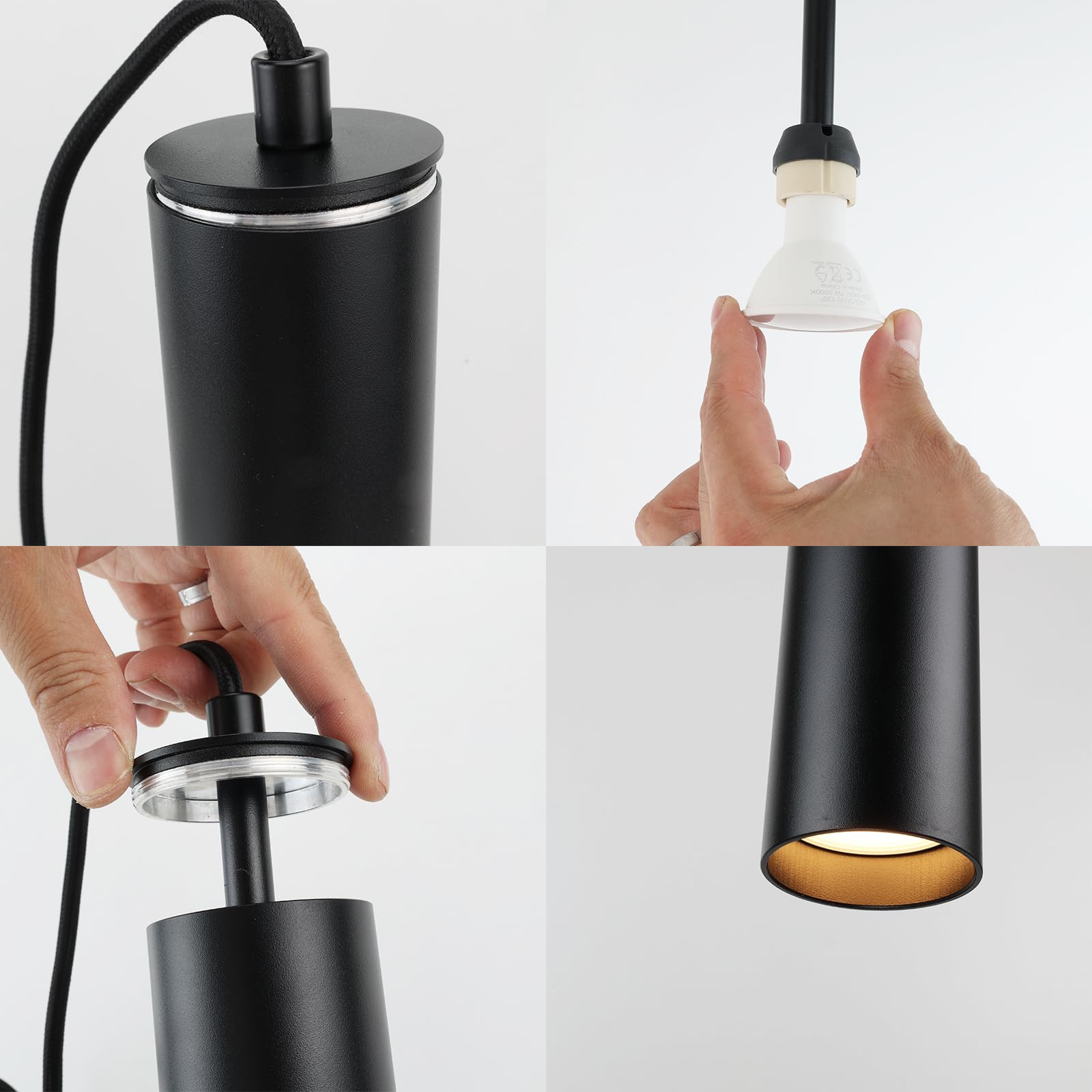 Alpinaluz Lámpara Colgante Tubular de Aluminio para Techo, Diseño Moderno de 40 cm con Casquillo GU10 y Cable Textil de 120 cm (Pack de 2 Negro)