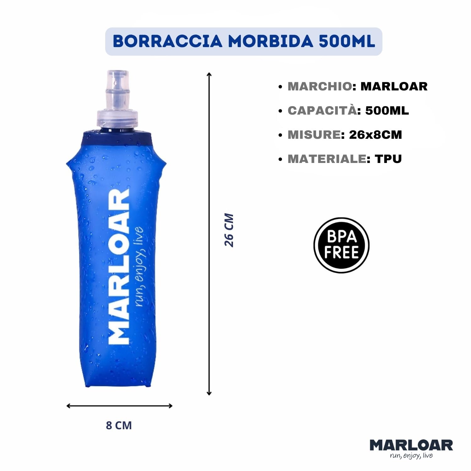 Borraccia Morbida - Soft Flask 500ml - Bottiglia pieghevole, confezione da 2 unità di Borraccia Running, trail running, escursionismo o ciclismo. Senza BPA (Blu, 500ML)