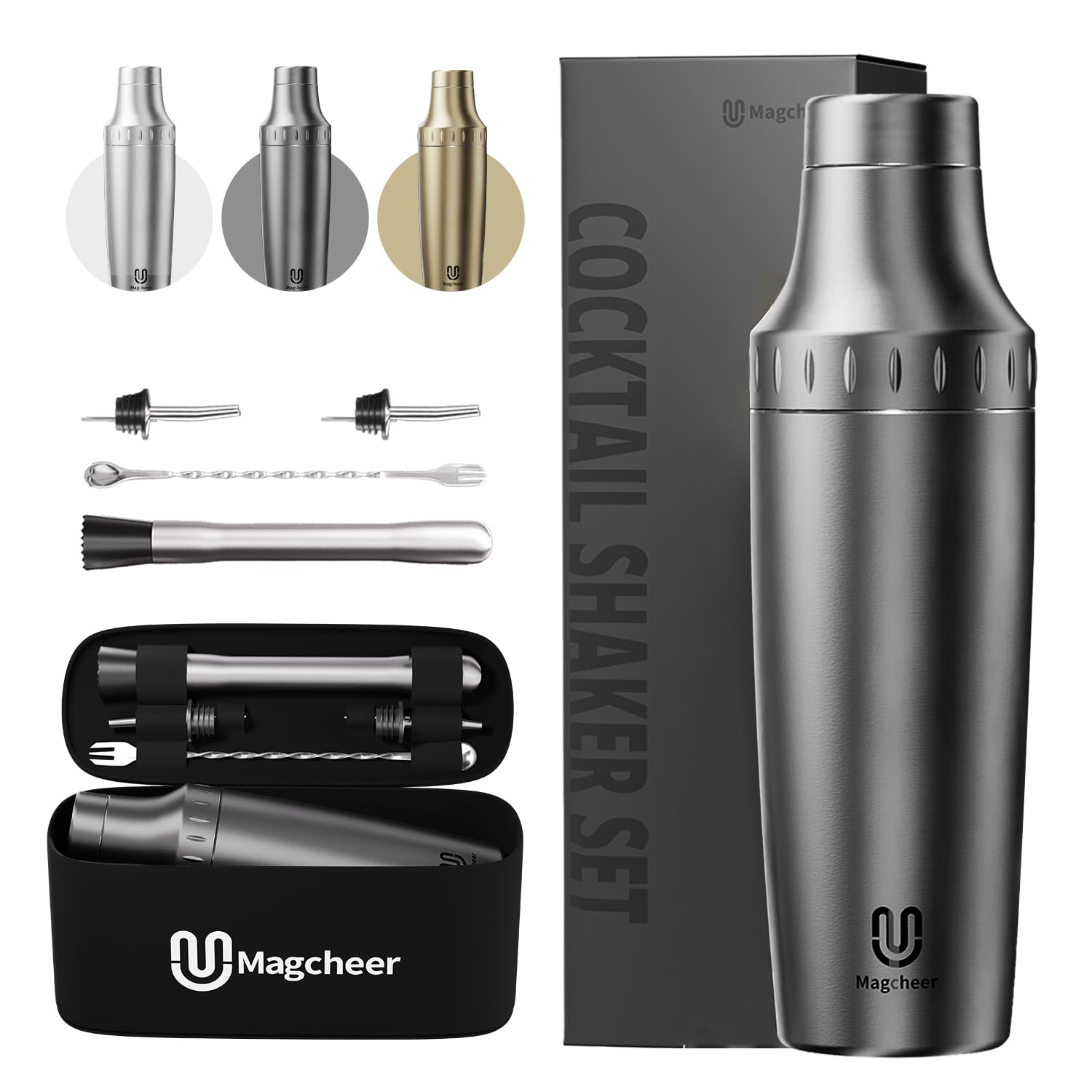 Magcheer Cocktail Shaker Set 900ml Edelstahl Doppelwand-Barkeeper Set mit Aufbewahrungsbox