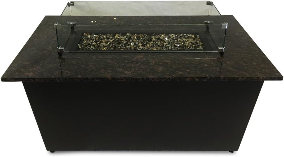 Monaco Fire Pit Table - 32" x 50" Rectangle - Tan Brown Granite - Bronze Base Enclosure - Earth Blend Fire Glass - Tempered Glass Wind Guard - Made in America