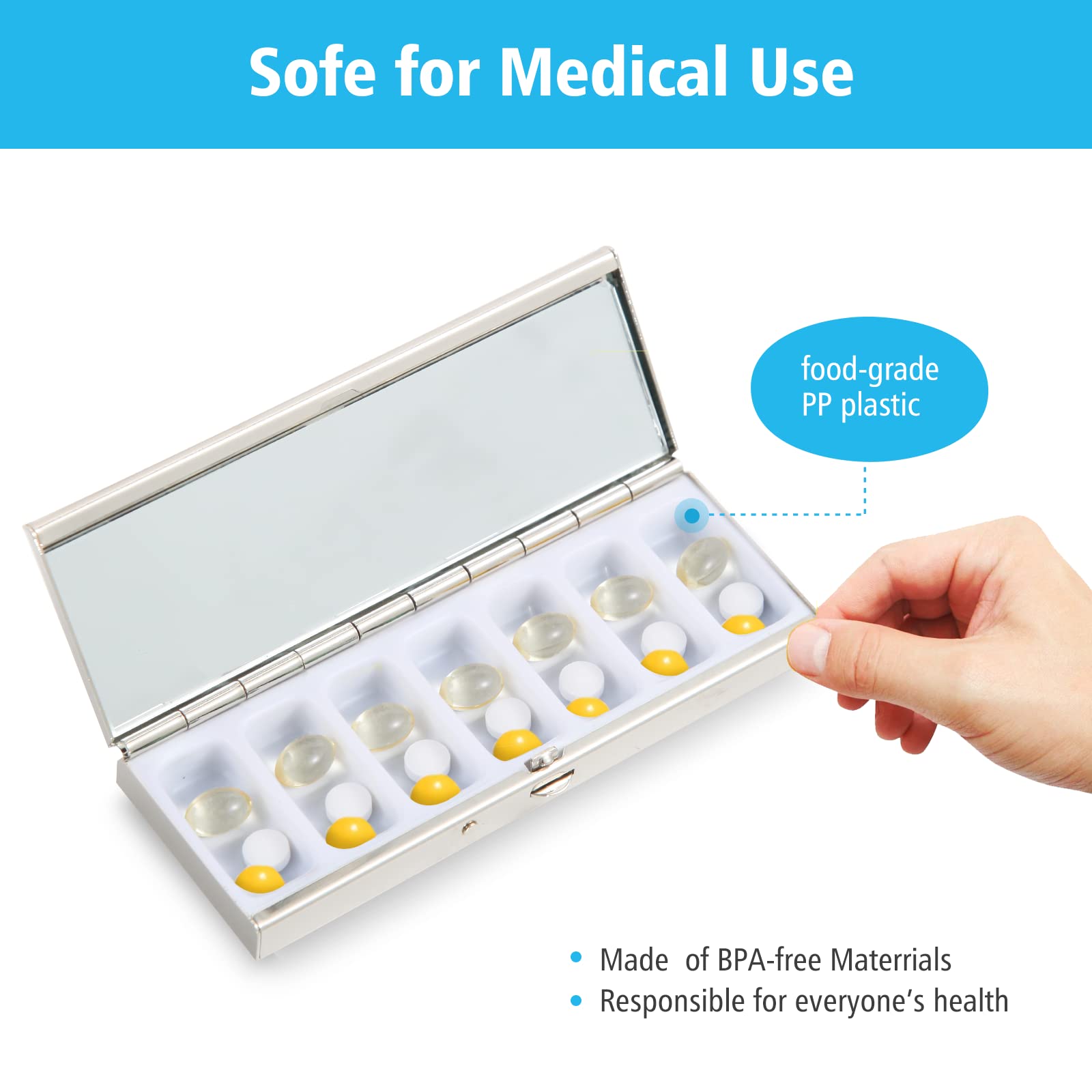 Pastillero de metal para 7 días, bonito organizador de píldoras, espejo de maquillaje integrado con diseño abierto de resorte y 7 compartimentos para guardar vitaminas, suplementos de aceite de hígado